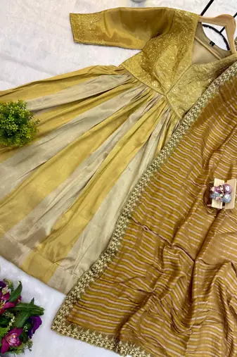 Antique gold heavy embroidery work banarasi silk gown with dupatta