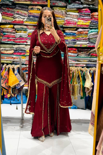Maroon real mirror work roman silk kurta palazzo set