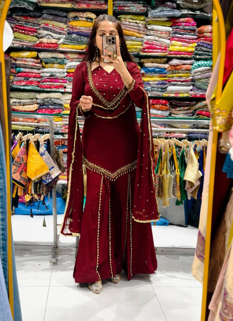 Maroon real mirror work roman silk kurta palazzo set
