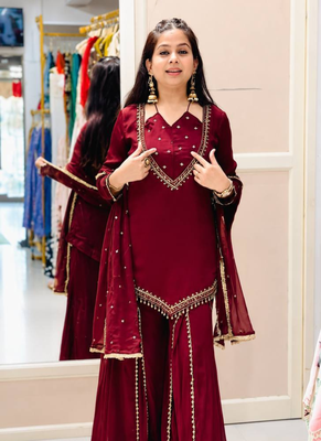 Maroon real mirror work roman silk kurta palazzo set 2