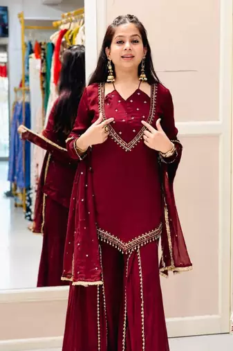 Maroon real mirror work roman silk kurta palazzo set