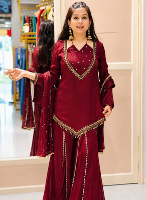 Maroon real mirror work roman silk kurta palazzo set 3