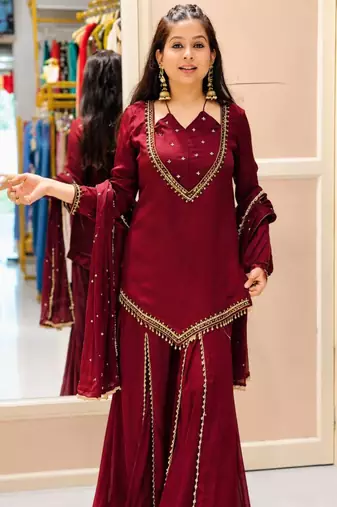 Maroon real mirror work roman silk kurta palazzo set