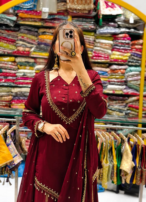 Maroon real mirror work roman silk kurta palazzo set 4