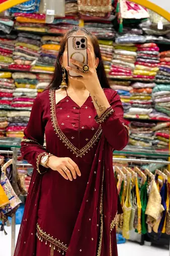 Maroon real mirror work roman silk kurta palazzo set
