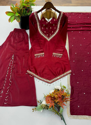 Maroon real mirror work roman silk kurta palazzo set 5