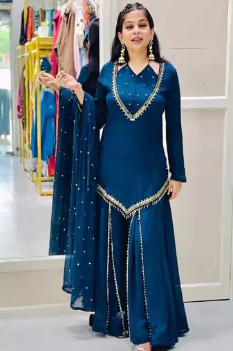 Royal blue real mirror work roman silk kurta palazzo set