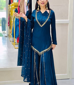 Royal blue real mirror work roman silk kurta palazzo set