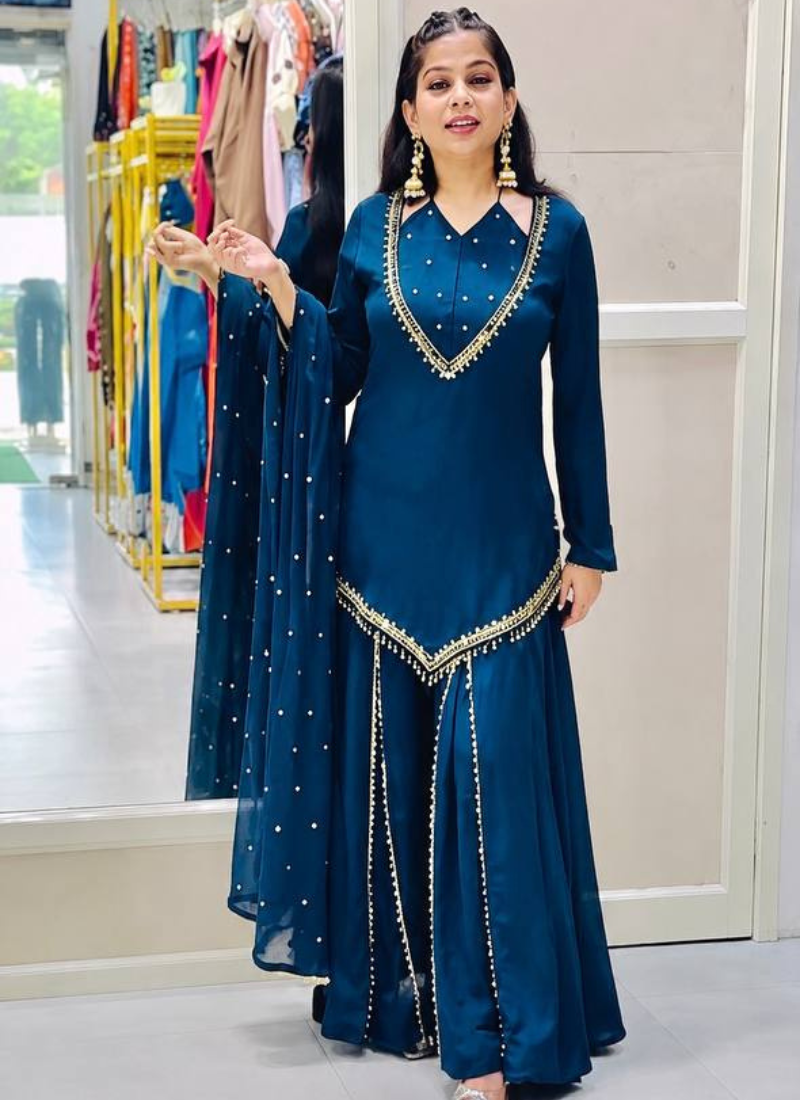 Royal blue real mirror work roman silk kurta palazzo set