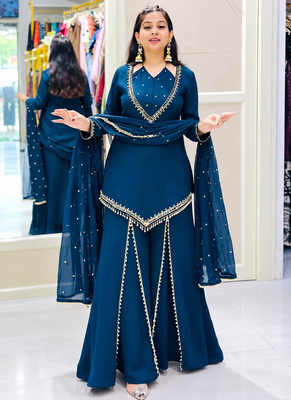 Royal blue real mirror work roman silk kurta palazzo set 2