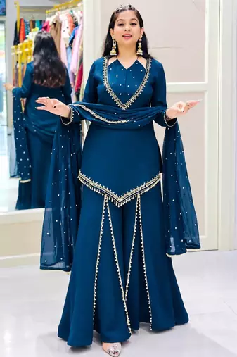 Royal blue real mirror work roman silk kurta palazzo set