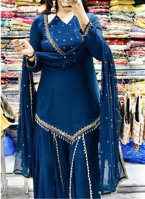 Royal blue real mirror work roman silk kurta palazzo set 3