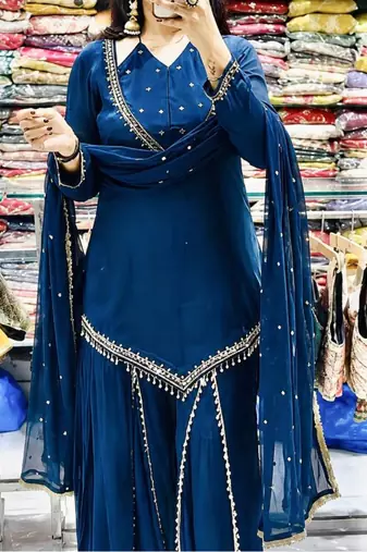Royal blue real mirror work roman silk kurta palazzo set