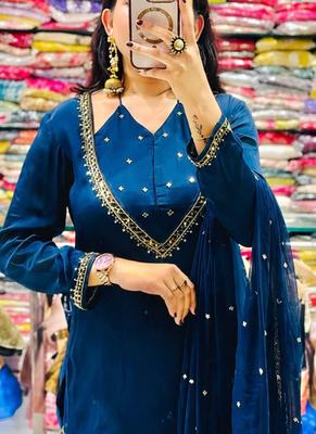 Royal blue real mirror work roman silk kurta palazzo set 4