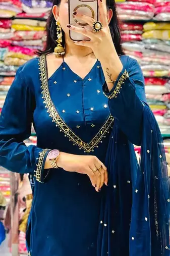 Royal blue real mirror work roman silk kurta palazzo set
