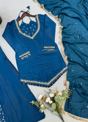 Royal blue real mirror work roman silk kurta palazzo set 5