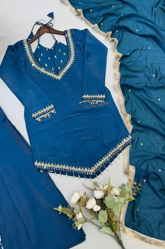 Royal blue real mirror work roman silk kurta palazzo set