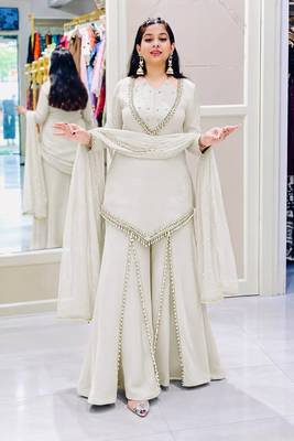 Off white real mirror work roman silk kurta palazzo set 1