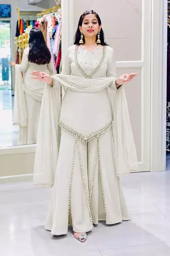 Off white real mirror work roman silk kurta palazzo set