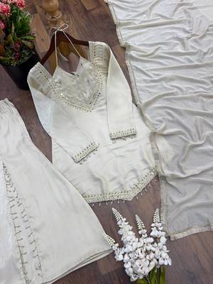 Off white real mirror work roman silk kurta palazzo set 2