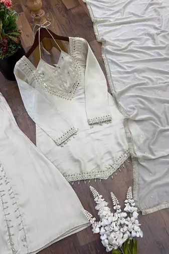 Off white real mirror work roman silk kurta palazzo set