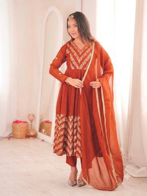 Orange sequins embroidered crunchy silk anarkali with pant & dupatta 1