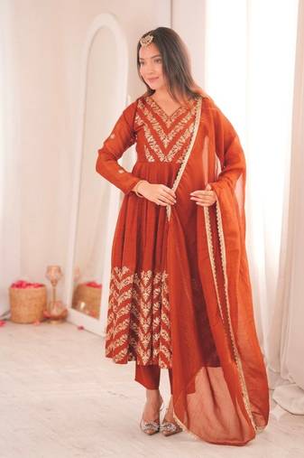Orange sequins embroidered crunchy silk anarkali with pant & dupatta