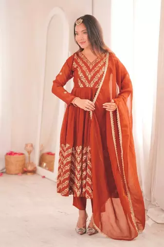 Orange sequins embroidered crunchy silk anarkali with pant & dupatta