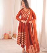 Orange sequins embroidered crunchy silk anarkali with pant & dupatta