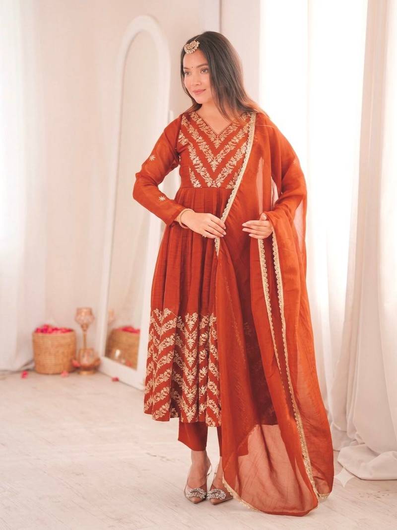 Orange sequins embroidered crunchy silk anarkali with pant & dupatta