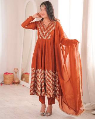 Orange sequins embroidered crunchy silk anarkali with pant & dupatta 2