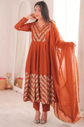 Orange sequins embroidered crunchy silk anarkali with pant & dupatta
