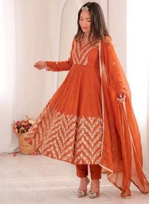Orange sequins embroidered crunchy silk anarkali with pant & dupatta 3