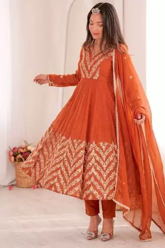 Orange sequins embroidered crunchy silk anarkali with pant & dupatta