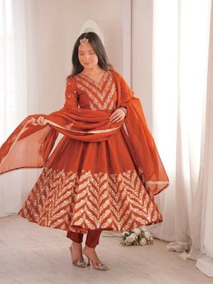 Orange sequins embroidered crunchy silk anarkali with pant & dupatta 4