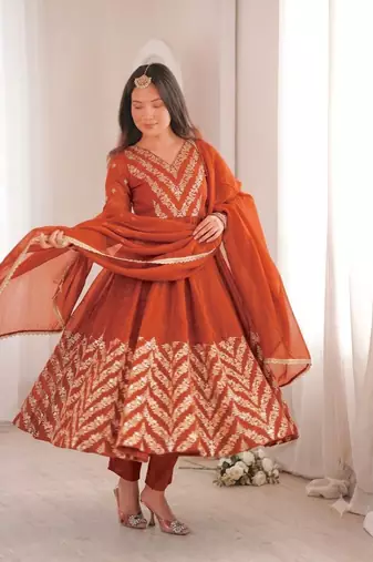 Orange sequins embroidered crunchy silk anarkali with pant & dupatta