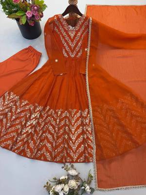 Orange sequins embroidered crunchy silk anarkali with pant & dupatta 5