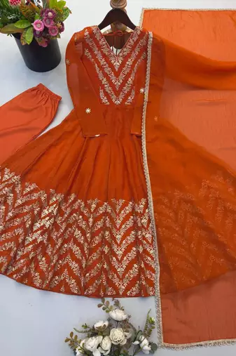 Orange sequins embroidered crunchy silk anarkali with pant & dupatta