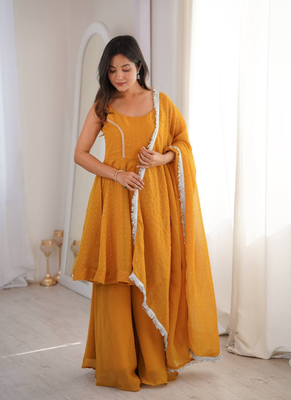 Yellow zarkhand wprk crunchy silk kurta palazzo set 1