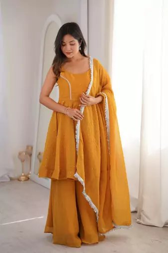 Yellow zarkhand wprk crunchy silk kurta palazzo set