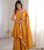 Yellow zarkhand wprk crunchy silk kurta palazzo set