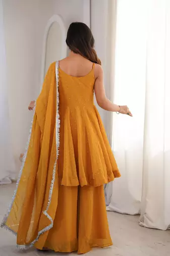 Yellow zarkhand wprk crunchy silk kurta palazzo set