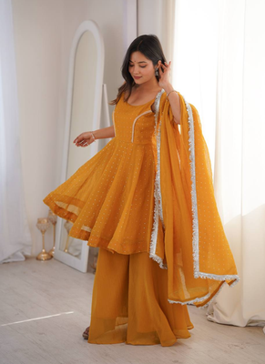 Yellow zarkhand wprk crunchy silk kurta palazzo set 3