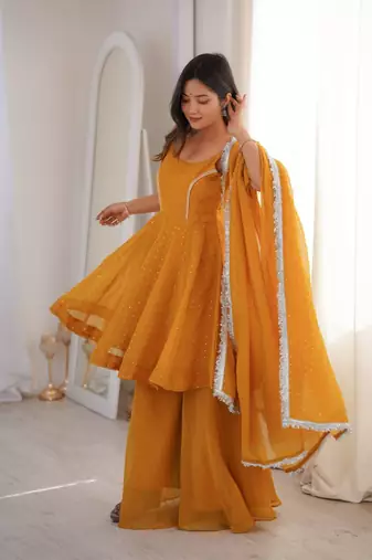 Yellow zarkhand wprk crunchy silk kurta palazzo set