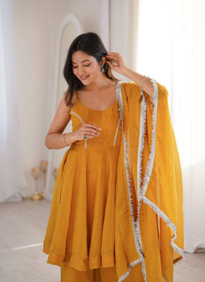 Yellow zarkhand wprk crunchy silk kurta palazzo set 4