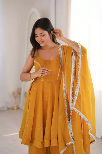 Yellow zarkhand wprk crunchy silk kurta palazzo set