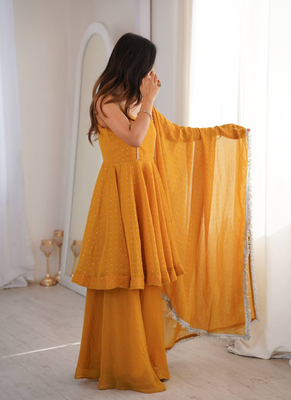 Yellow zarkhand wprk crunchy silk kurta palazzo set 5