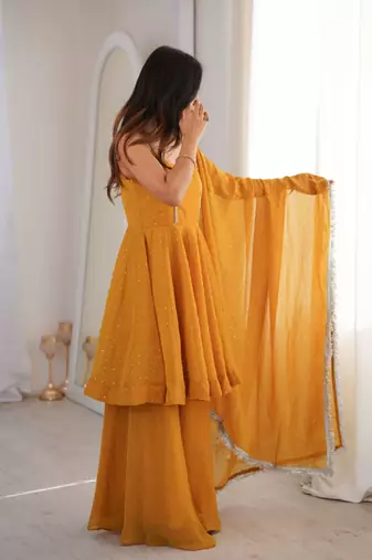 Yellow zarkhand wprk crunchy silk kurta palazzo set