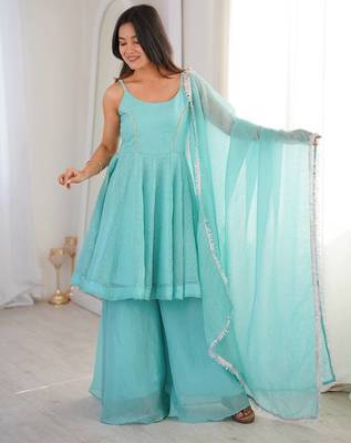 Blue zarkhand wprk crunchy silk kurta palazzo set 2