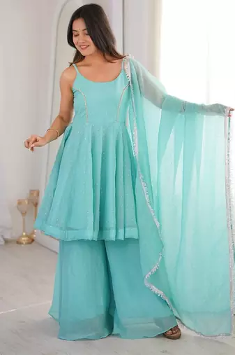 Blue zarkhand wprk crunchy silk kurta palazzo set